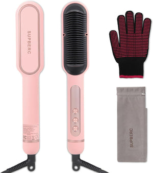 Negative Ionic Heating Hair Styling Brush with 9 Temp Settings, 30s Fast Heating Hair Straightening Comb with LED Display, Anti-Scald & Auto-Shut Off Hair Straightening Iron for Women (Pink)