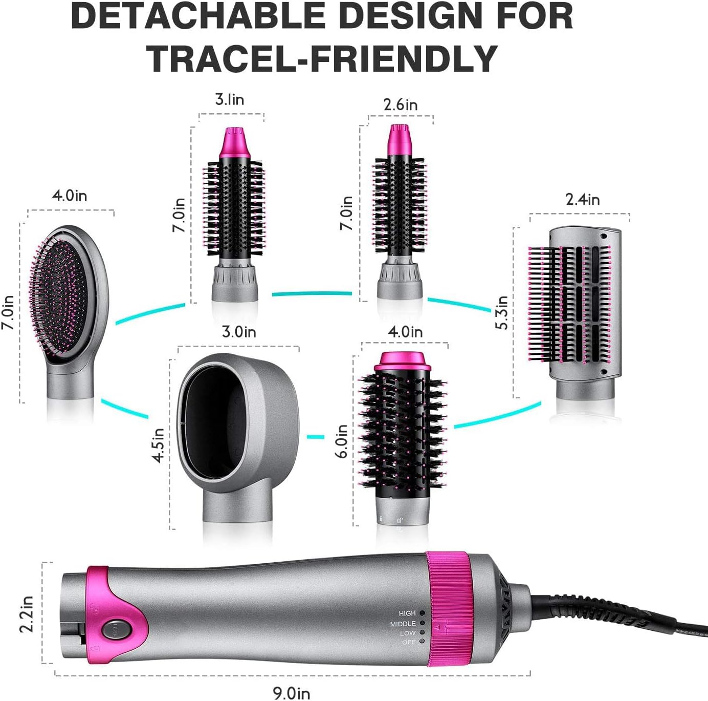 6 in 1 Hair Dryer Brush and Volumizer, Detachable Styler, One-Step Hot Air for Straightening Curling Drying Combing Styling