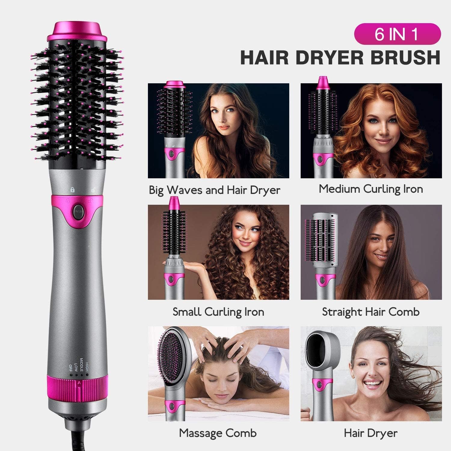 6 in 1 Hair Dryer Brush and Volumizer, Detachable Styler, One-Step Hot Air for Straightening Curling Drying Combing Styling