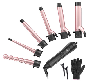 6-IN-1 Curling Iron, Professional Curling Wand Set, Instant Heat Up Hair Curler with 6 Interchangeable Ceramic Barrels (0.35'' to 1.25'') and 2 Temperature Adjustments, Heat Protective Glove & 2 Clips